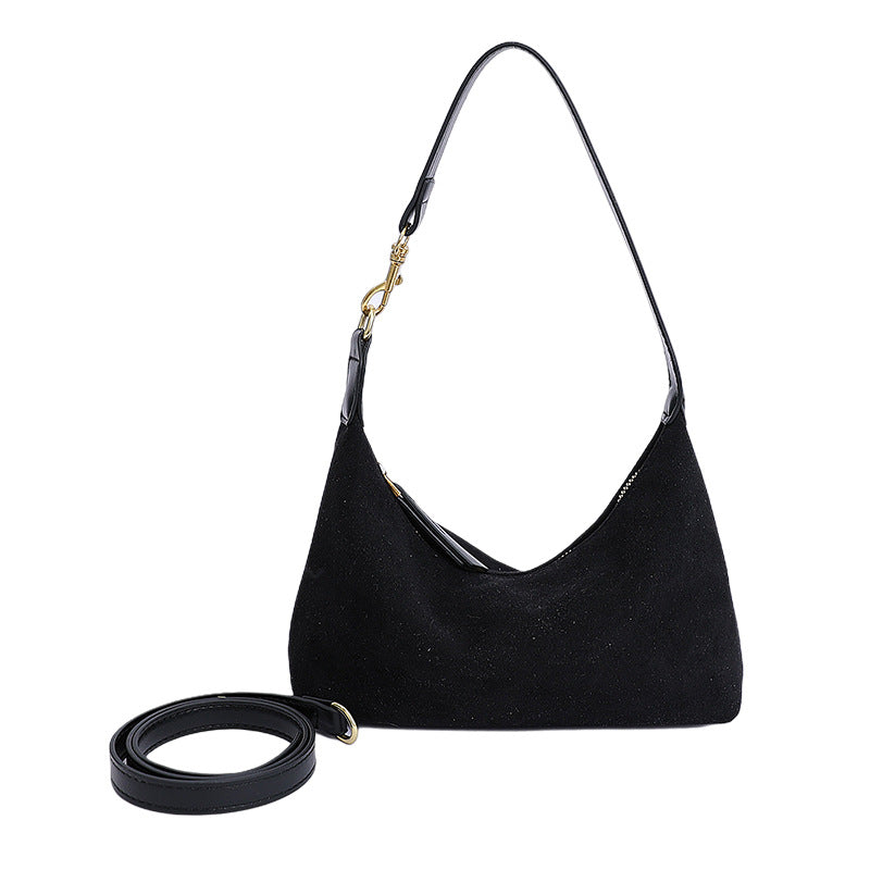 Women's Faux Suede Dumpling Bag - Solid Color Crossbody Handbag with Golden-Tone Hardware