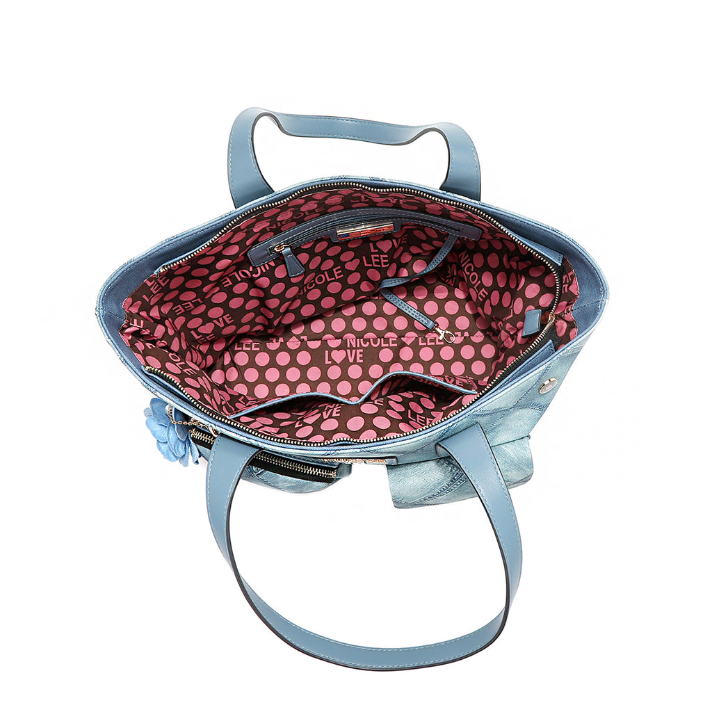 Nicole Lee Blue Flower Satchel, Women's Large PU Leather Bag With Quilted Print, Main Zip Closure