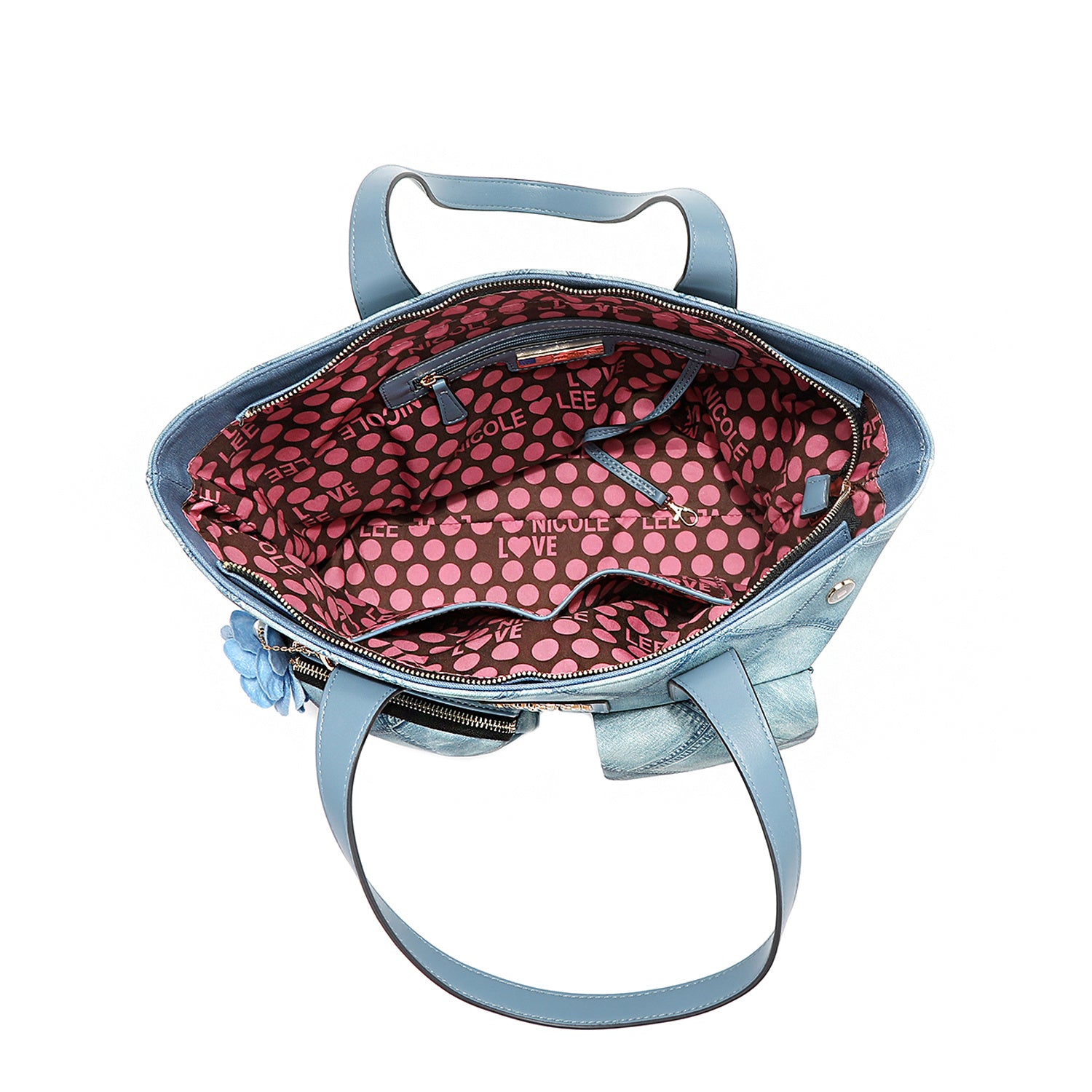 Nicole Lee Blue Flower Satchel, Women's Large PU Leather Bag With Quilted Print, Main Zip Closure