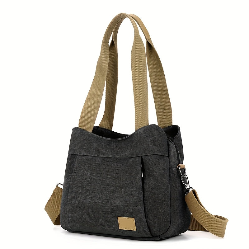Stylish Tote Bag Durable Beige and Brown Women's Casual Canvas Tote Bag with Multiple Pockets and Zipper Closure
