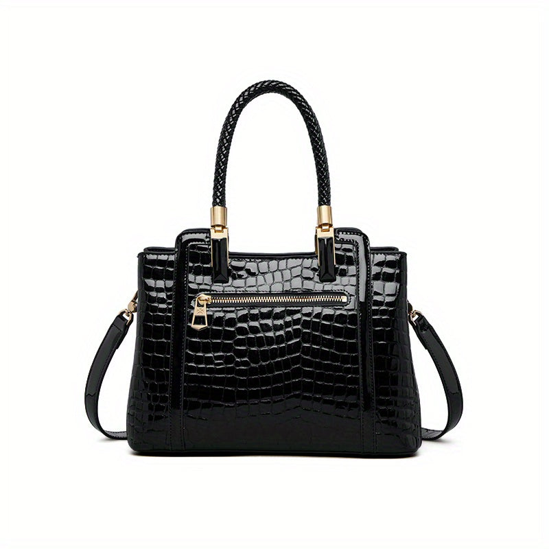 Black ZOOLER Women's Genuine Leather Tote Bag with Adjustable Shoulder Strap, Crocodile Pattern