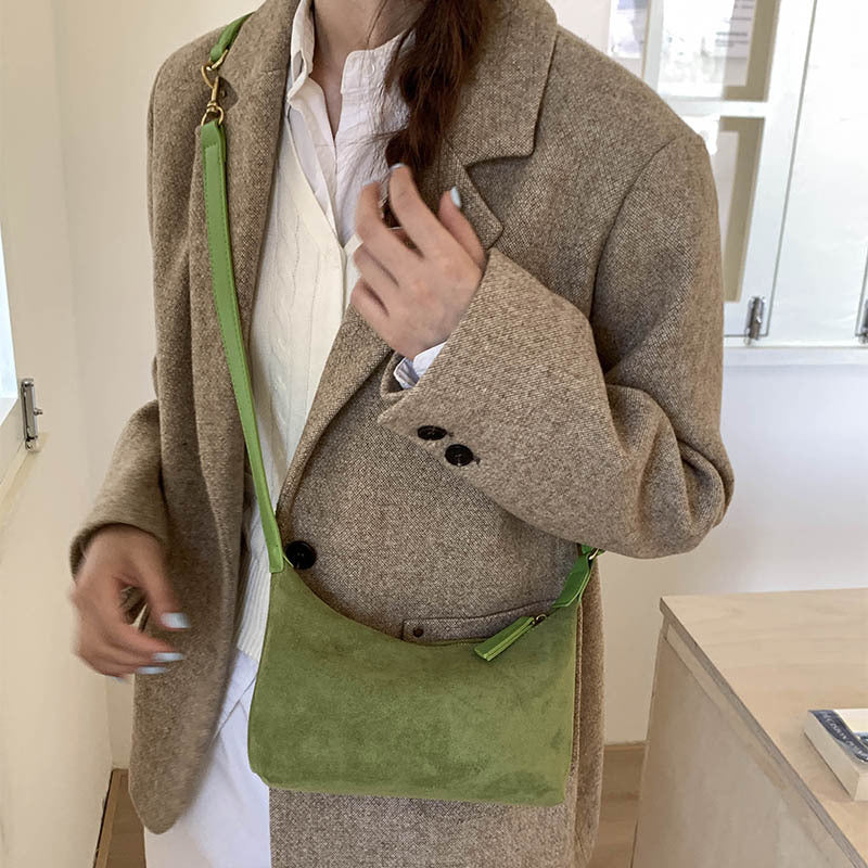 Women's Faux Suede Dumpling Bag - Solid Color Crossbody Handbag with Golden-Tone Hardware