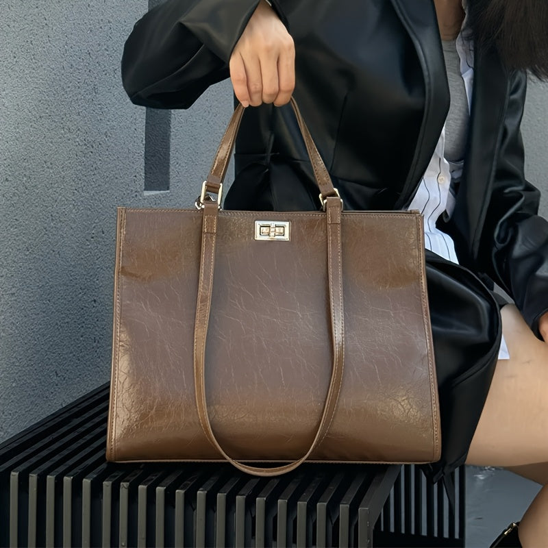 Women's Genuine Second-Layer Handbag - Large Capacity Convertible Shoulder Bag & Clutch with Turn-Lock Closur