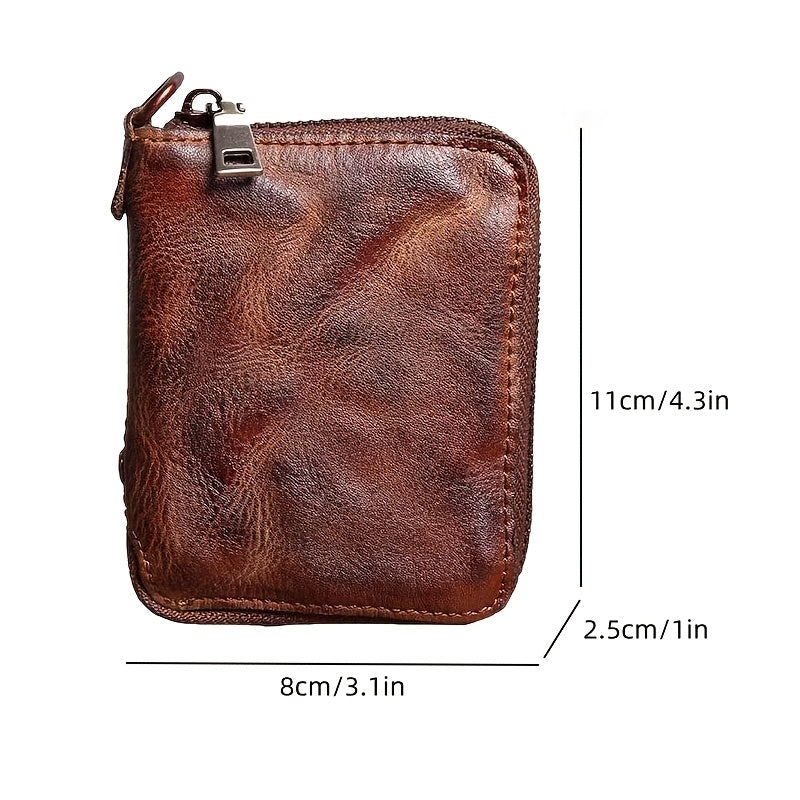 1pc Vintage Top-Grain Leather Men's Wallet, Handcrafted Antique Finish with Short Zippered Coin Purse and Card Holder Slots