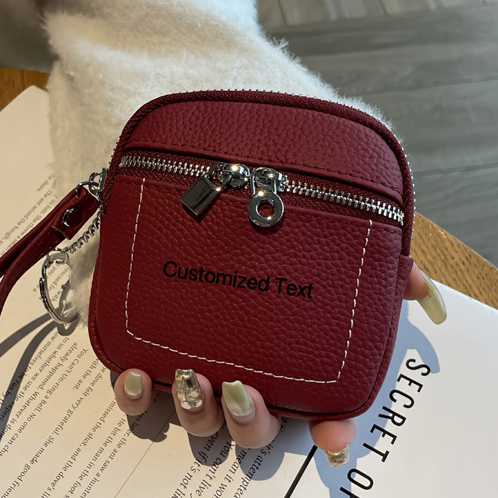 Custom Vintage Mini Genuine Leather Zipper Wallet with Keychain - Lychee Texture Design