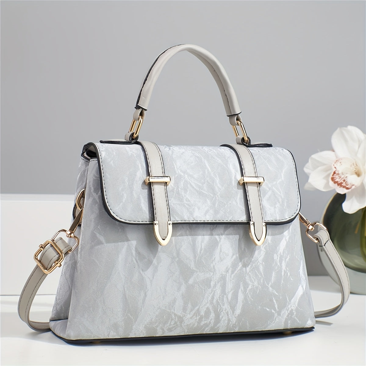 Elegant Women's Adjustable Handbag with Detachable Strap - Floral & Striped, Zipper Closure, Tassel Accents