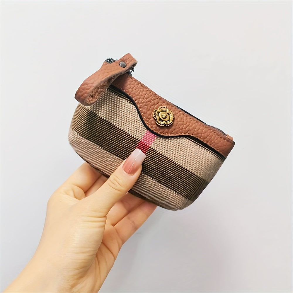 Chic Women'S Zipper Wallet & Key Pouch - Genuine Leather, Plaid Print with Floral Accents