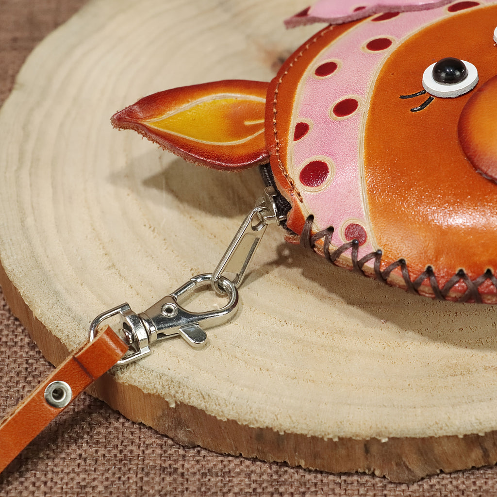 Handcrafted Retro Bowknot Headscarf Pig Purse - Genuine Leather Coin & Key Wallet with Zipper