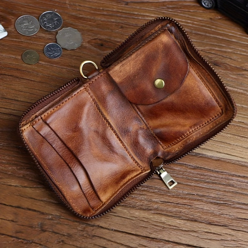 1pc Vintage Top-Grain Leather Men's Wallet, Handcrafted Antique Finish with Short Zippered Coin Purse and Card Holder Slots