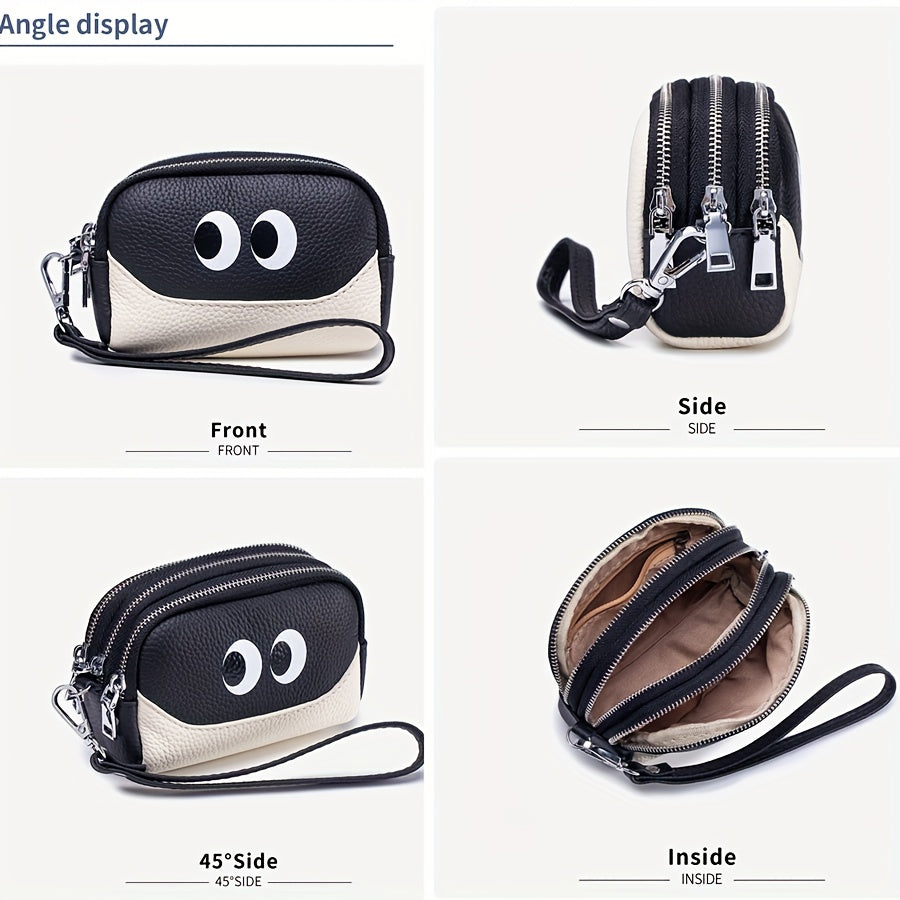 OBCREATOR Women'S Genuine Leather Coin Purse - Mini Wallet with 3 Zipper Compartments