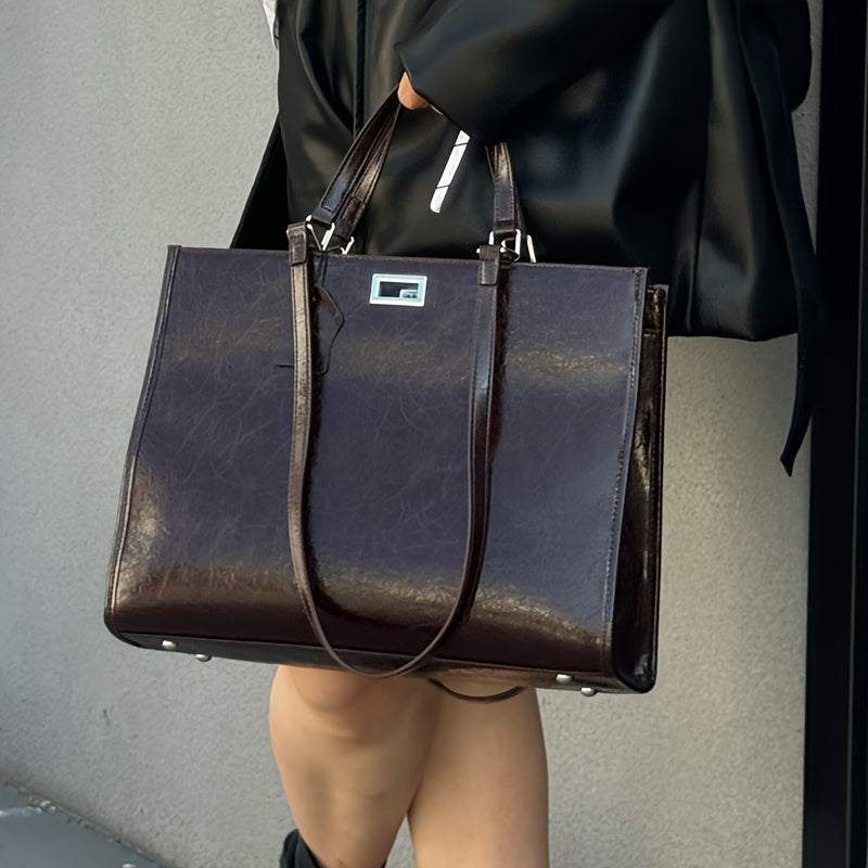 Women's Genuine Second-Layer Handbag - Large Capacity Convertible Shoulder Bag & Clutch with Turn-Lock Closur