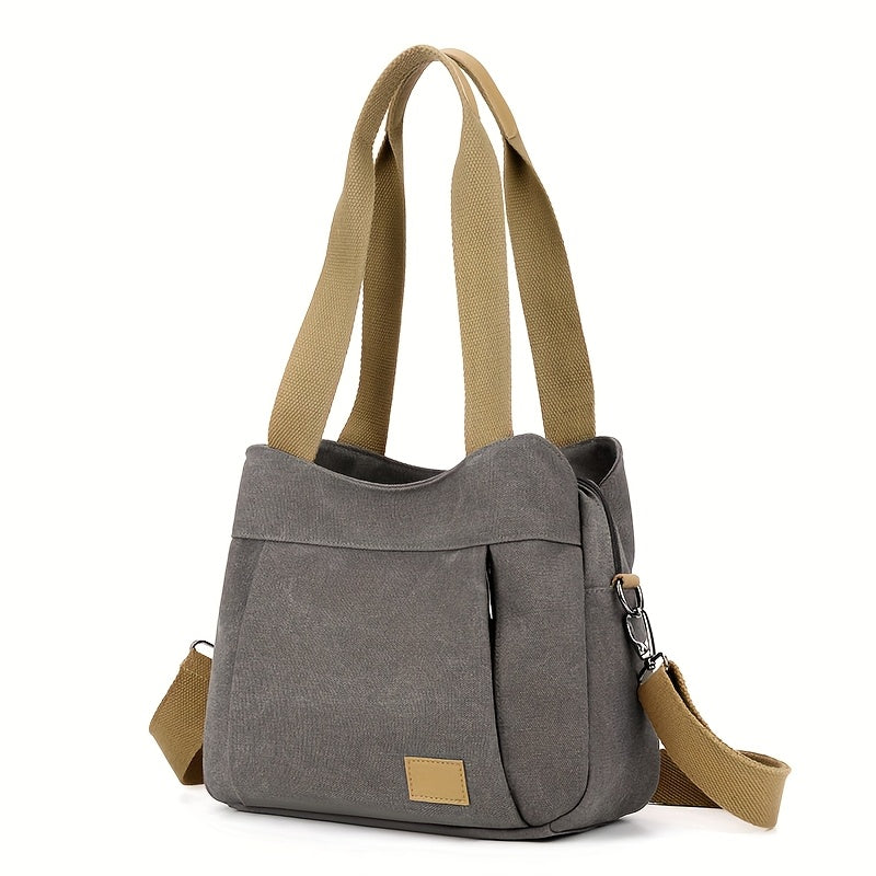 Stylish Tote Bag Durable Beige and Brown Women's Casual Canvas Tote Bag with Multiple Pockets and Zipper Closure