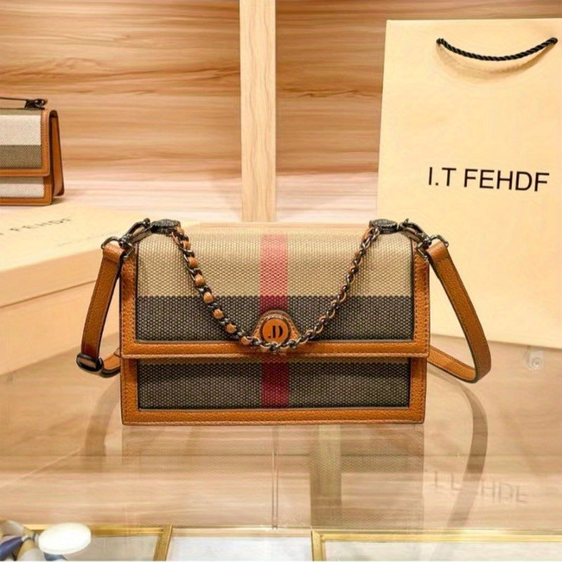 Elegant Brown Gingham Crossbody Bag for Women - Chic Synthetic Purse with Adjustable Strap