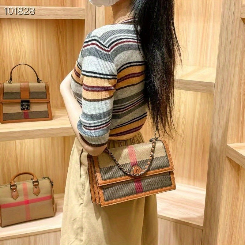 Elegant Brown Gingham Crossbody Bag for Women - Chic Synthetic Purse with Adjustable Strap