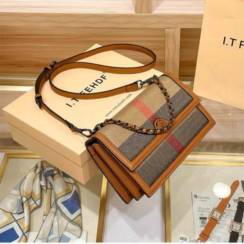 Elegant Brown Gingham Crossbody Bag for Women - Chic Synthetic Purse with Adjustable Strap