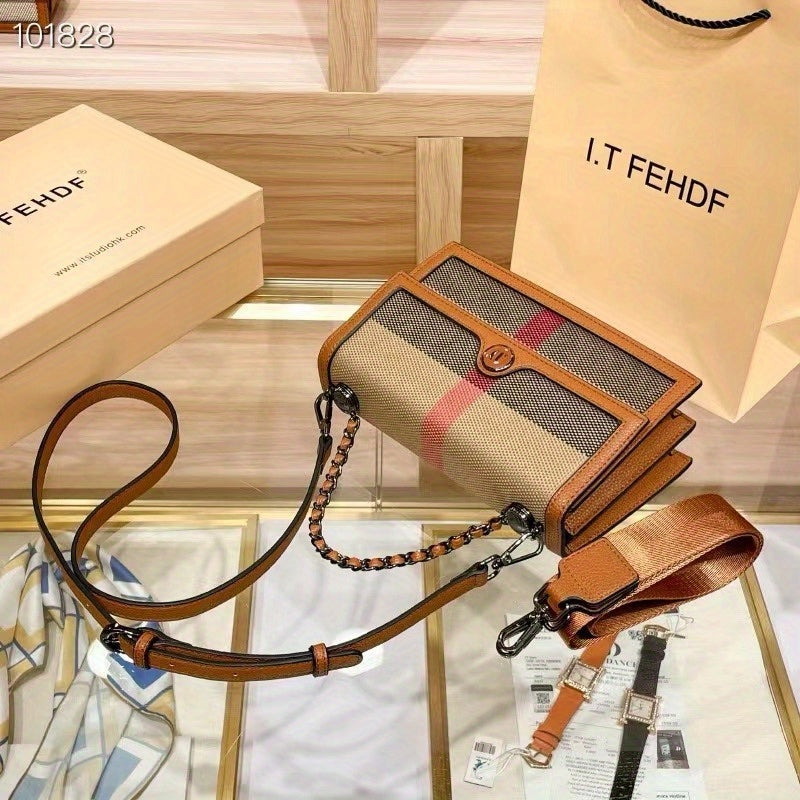 Elegant Brown Gingham Crossbody Bag for Women - Chic Synthetic Purse with Adjustable Strap