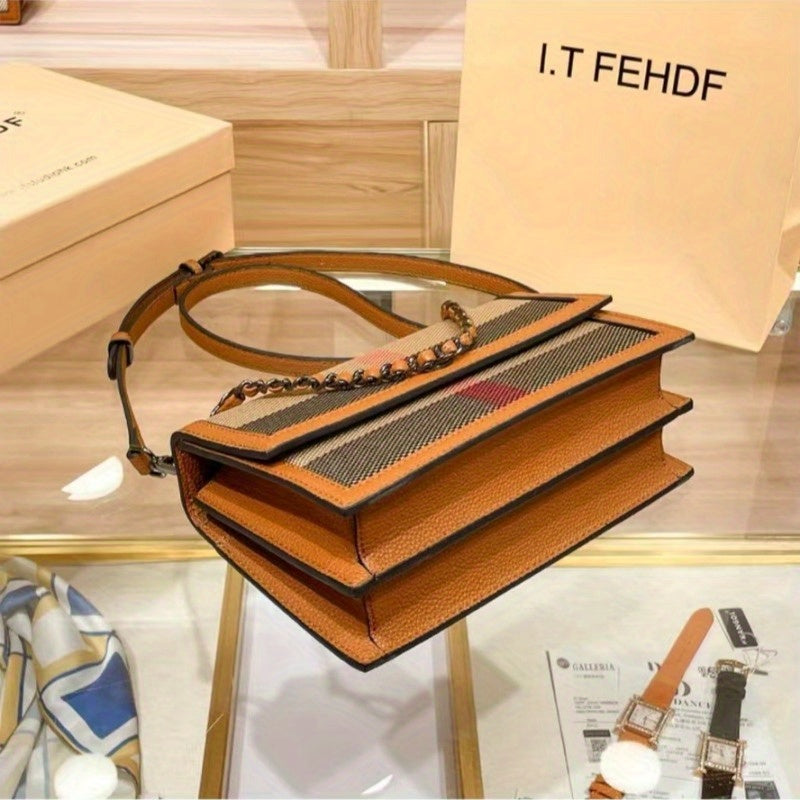 Elegant Brown Gingham Crossbody Bag for Women - Chic Synthetic Purse with Adjustable Strap
