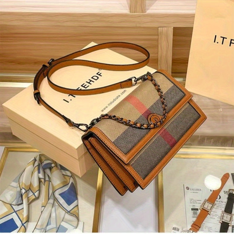 Elegant Brown Gingham Crossbody Bag for Women - Chic Synthetic Purse with Adjustable Strap