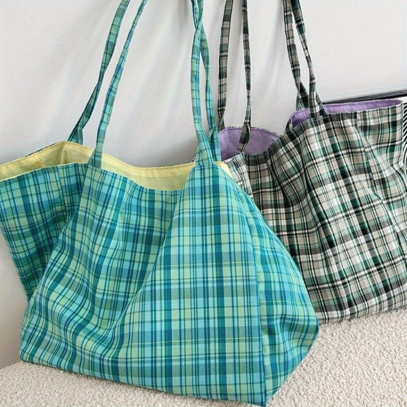 Plaid Canvas Shoulder Bags for Women, Reversible Double-Sided Fashion Tote