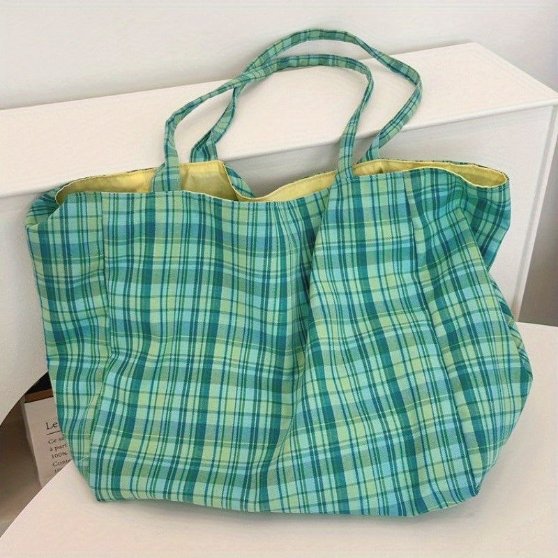 Plaid Canvas Shoulder Bags for Women, Reversible Double-Sided Fashion Tote