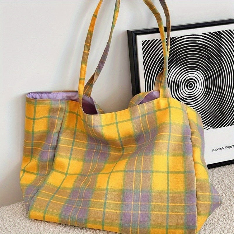 Plaid Canvas Shoulder Bags for Women, Reversible Double-Sided Fashion Tote