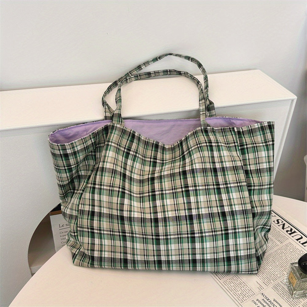 Plaid Canvas Shoulder Bags for Women, Reversible Double-Sided Fashion Tote