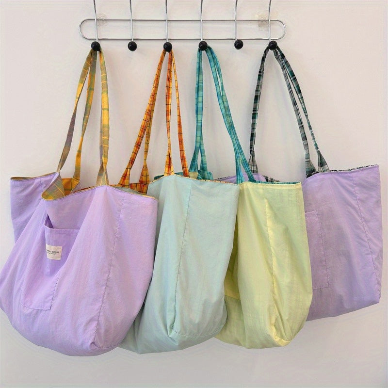 Plaid Canvas Shoulder Bags for Women, Reversible Double-Sided Fashion Tote