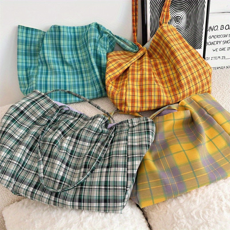Plaid Canvas Shoulder Bags for Women, Reversible Double-Sided Fashion Tote