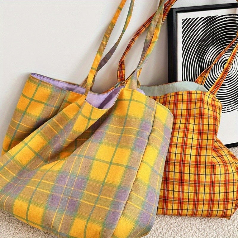 Plaid Canvas Shoulder Bags for Women, Reversible Double-Sided Fashion Tote