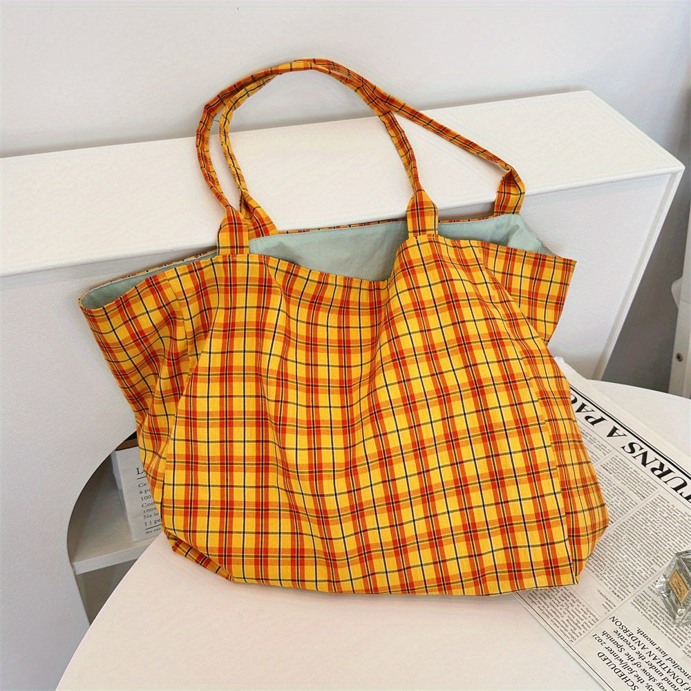 Plaid Canvas Shoulder Bags for Women, Reversible Double-Sided Fashion Tote