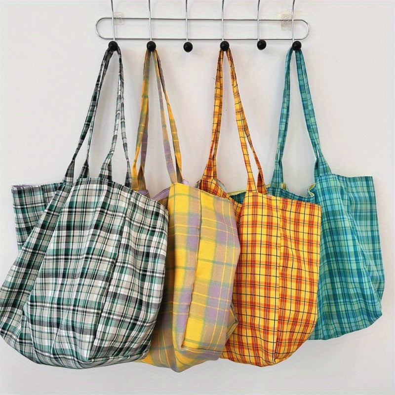 Plaid Canvas Shoulder Bags for Women, Reversible Double-Sided Fashion Tote