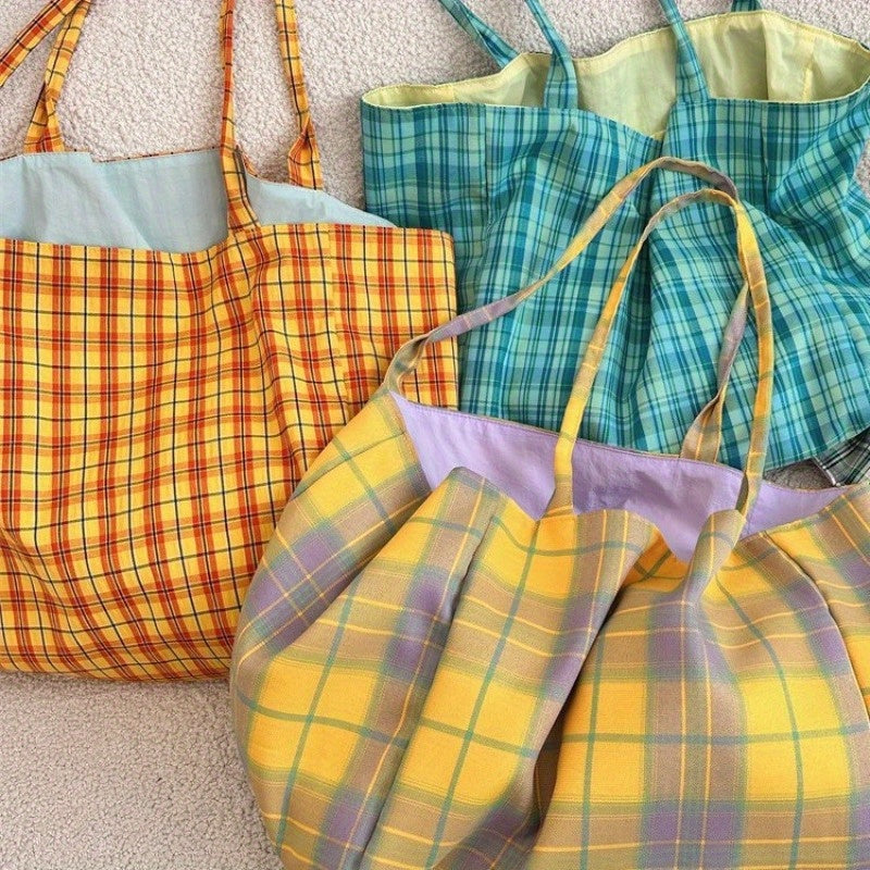 Plaid Canvas Shoulder Bags for Women, Reversible Double-Sided Fashion Tote