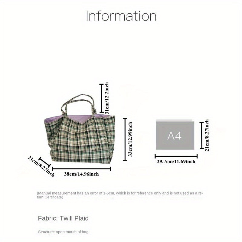 Plaid Canvas Shoulder Bags for Women, Reversible Double-Sided Fashion Tote