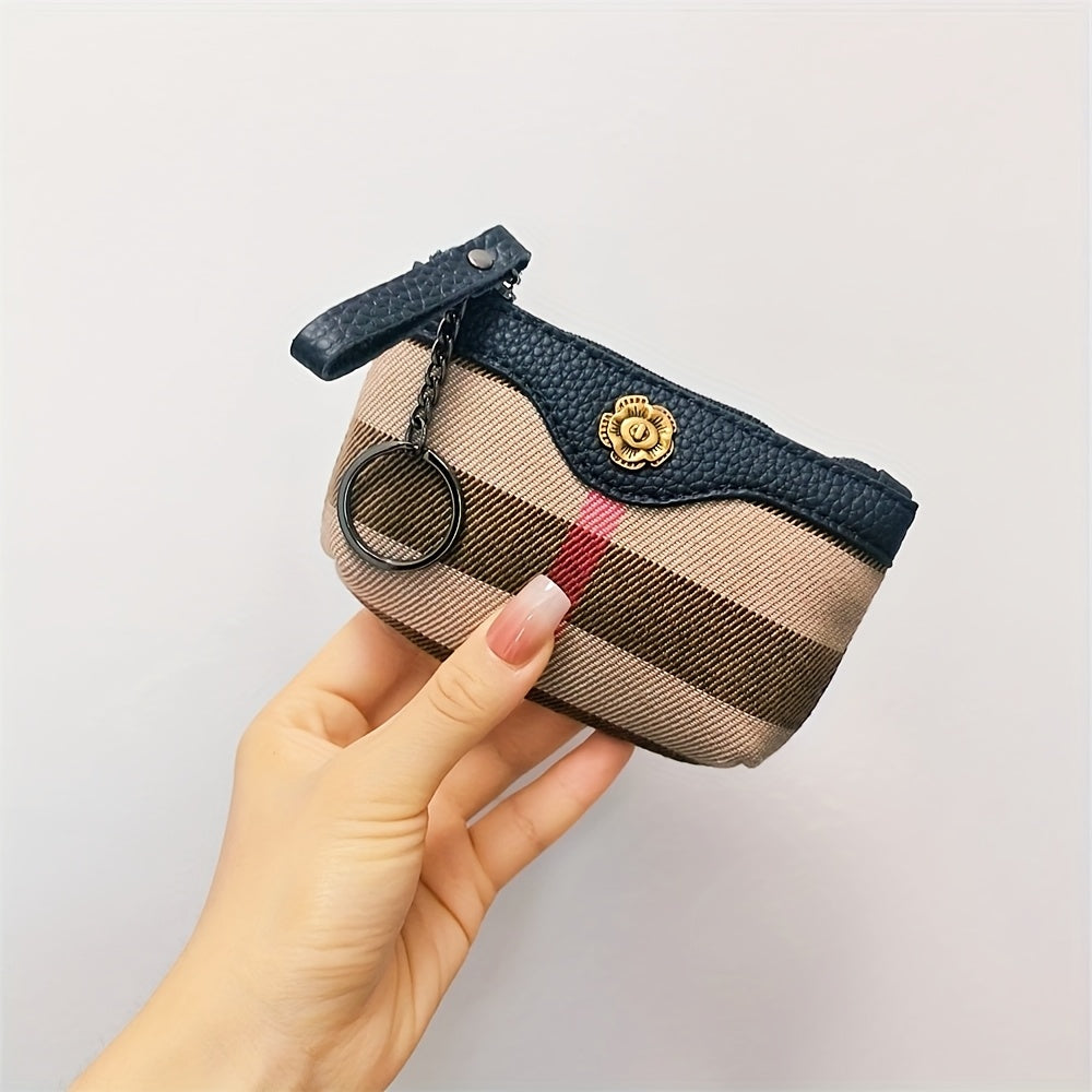 Chic Women'S Zipper Wallet & Key Pouch - Genuine Leather, Plaid Print with Floral Accents