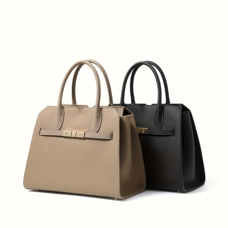 Women's Premium Second-Layer Leather Handbag - Large Capacity Deep Gray Tote with Golden-Tone Hardware