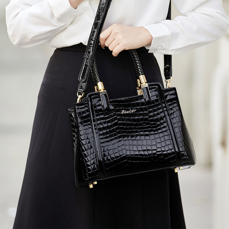 Black ZOOLER Women's Genuine Leather Tote Bag with Adjustable Shoulder Strap, Crocodile Pattern