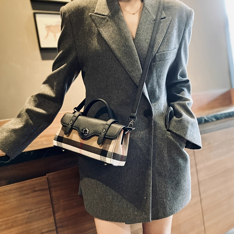 Vintage Plaid Canvas Handbag for Women - Adjustable Strap, Zipper Closure, Polyester Lining, Tassel Detail