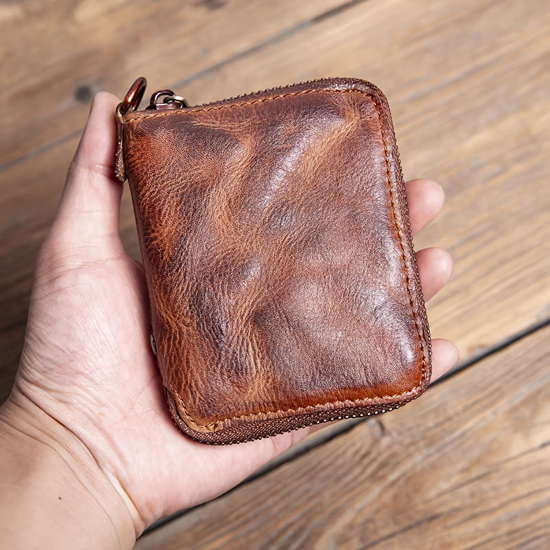 1pc Vintage Top-Grain Leather Men's Wallet, Handcrafted Antique Finish with Short Zippered Coin Purse and Card Holder Slots