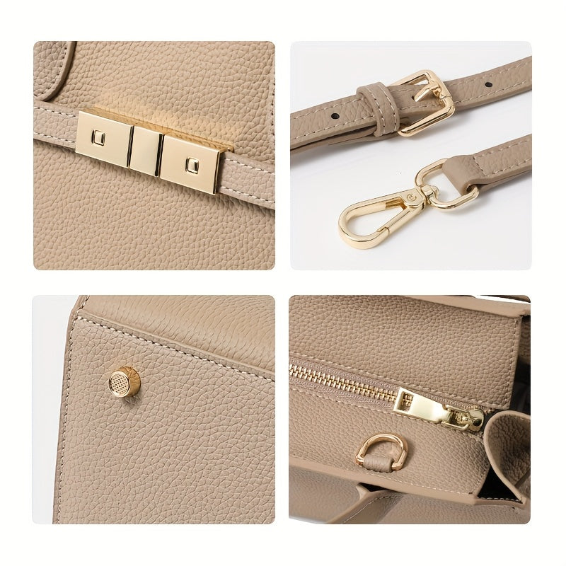 Women's Premium Second-Layer Leather Handbag - Large Capacity Deep Gray Tote with Golden-Tone Hardware