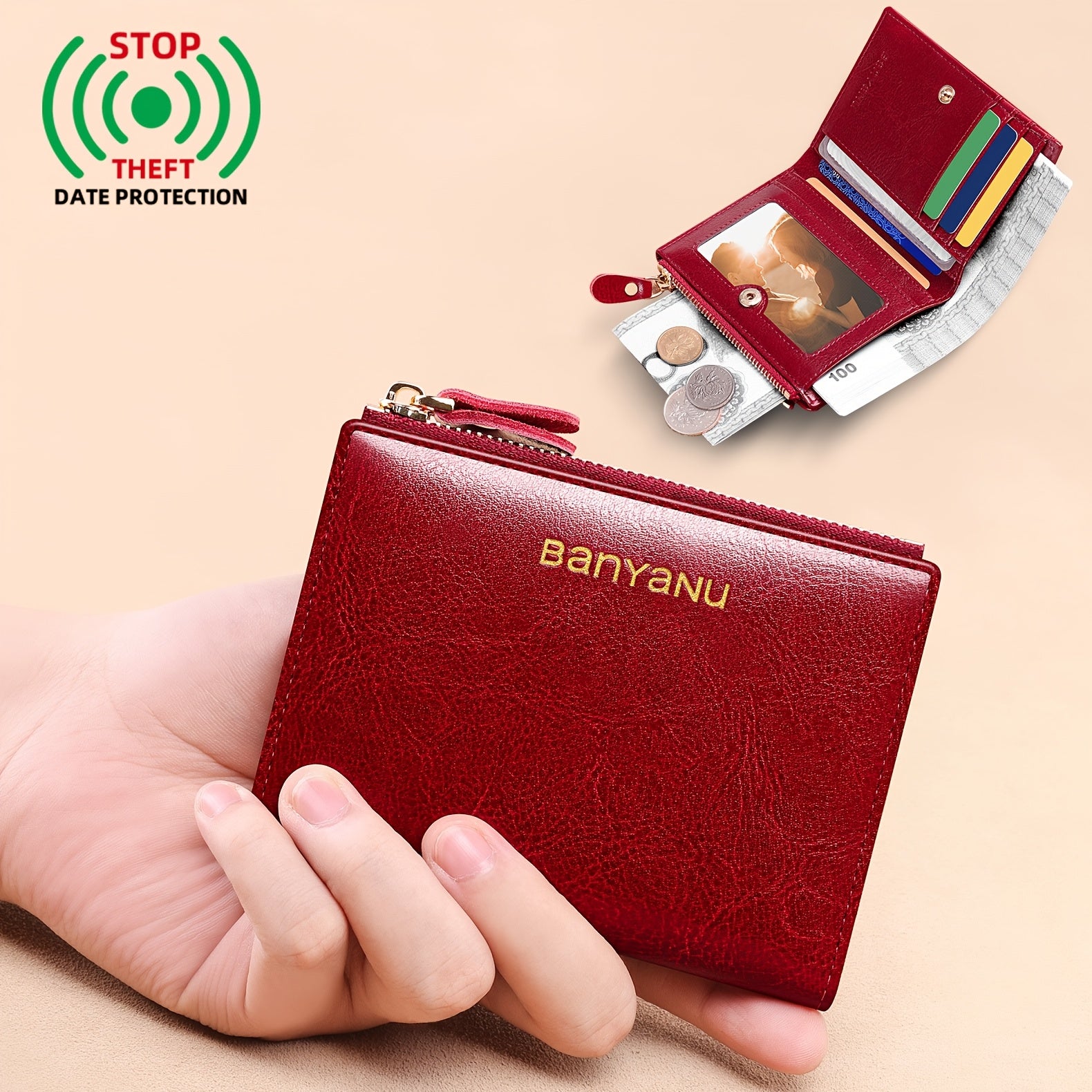 Women's Banyan Small Wallet, Zippered Cowhide Compact Bi-Fold Credit Card Holder with ID Window