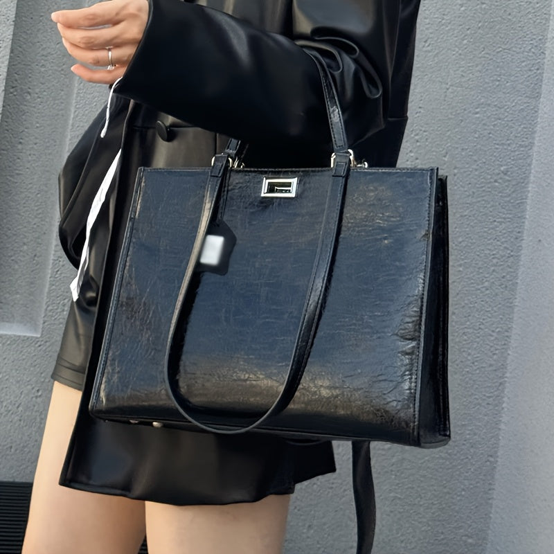 Women's Genuine Second-Layer Handbag - Large Capacity Convertible Shoulder Bag & Clutch with Turn-Lock Closur