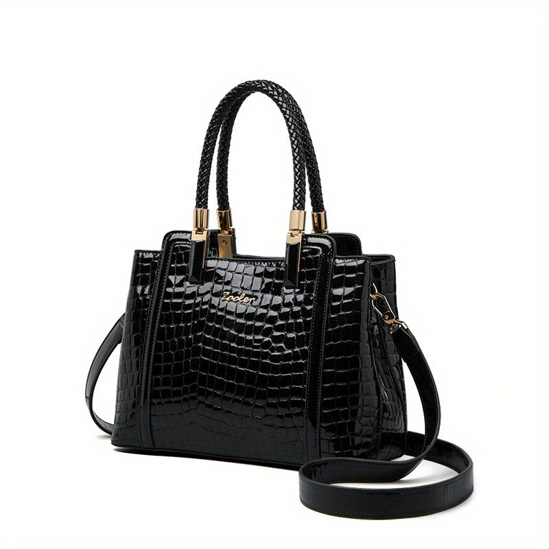 Black ZOOLER Women's Genuine Leather Tote Bag with Adjustable Shoulder Strap, Crocodile Pattern