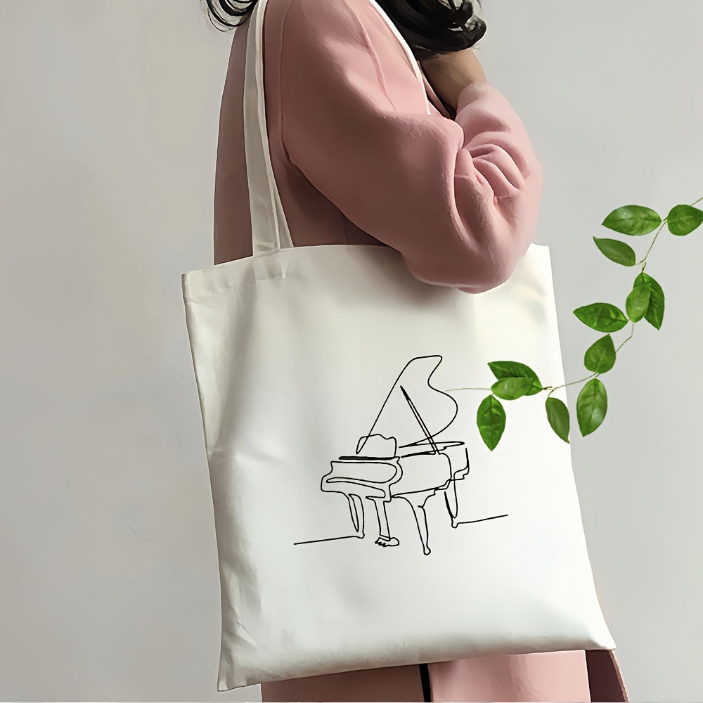 Stylish White Canvas Tote Bag with Black Piano Design - Large Capacity, Durable & Reusable Shoulder Bag for Shopping