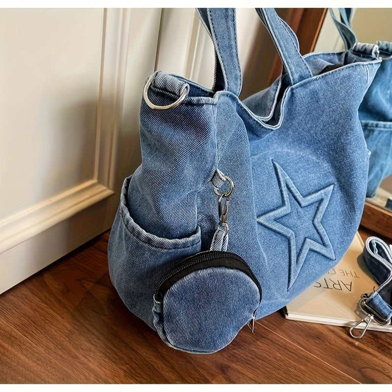 2025 New Korean Style Large Capacity Tote Bag, Versatile Denim Shoulder Bag with Wide Strap