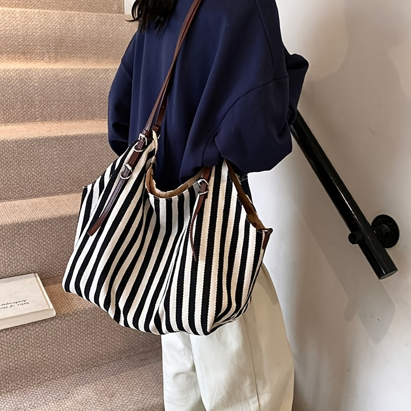 Chic Black & White Striped Canvas Tote Bag with Detachable Shoulder Strap - Large Capacity