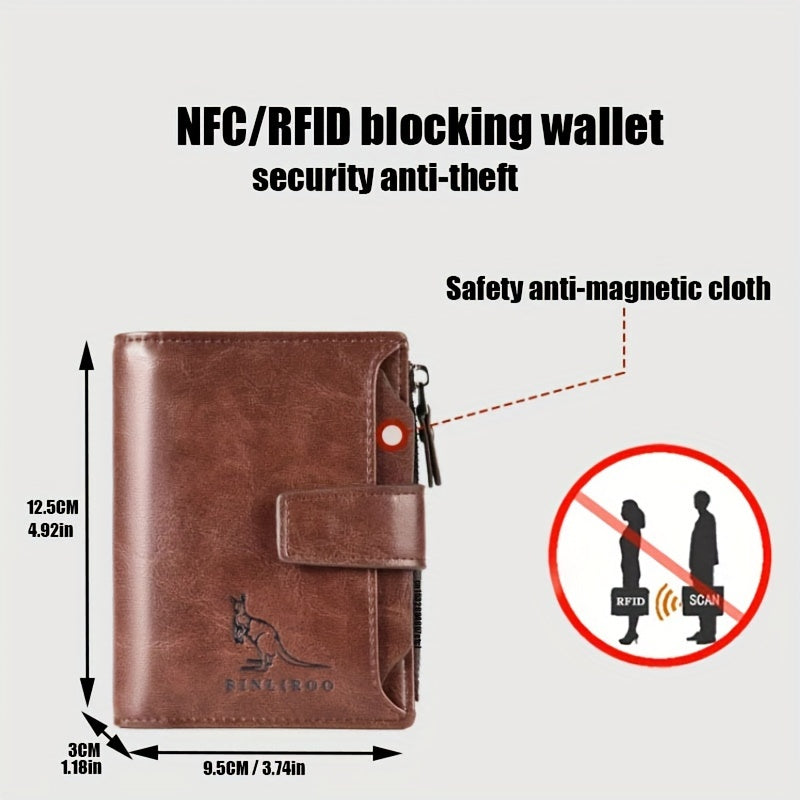 Vintage Style Men's PU Leather Wallet with RFID Blocking Card Holder, Coin Purse & Secure Zipper - Non-Braided