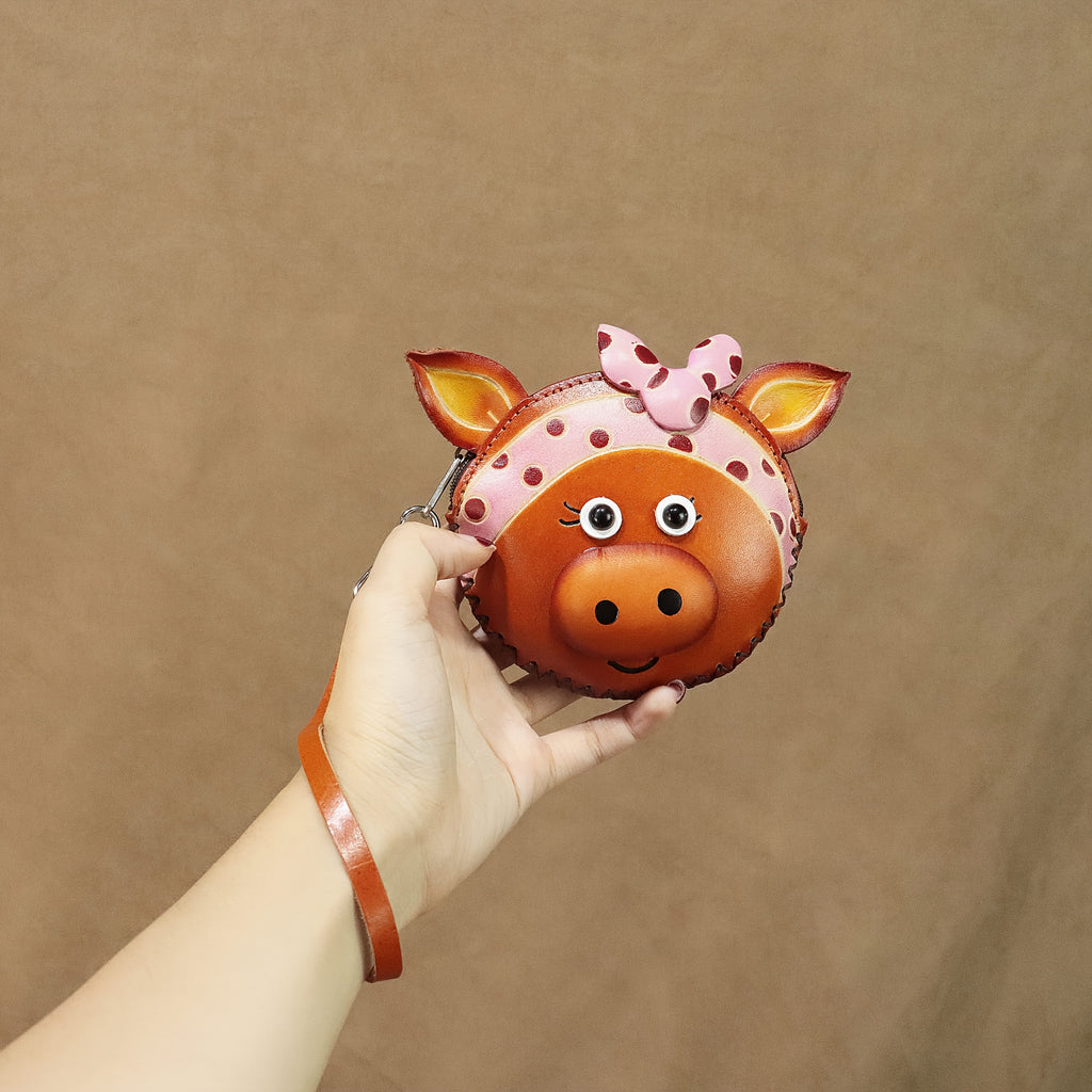 Handcrafted Retro Bowknot Headscarf Pig Purse - Genuine Leather Coin & Key Wallet with Zipper