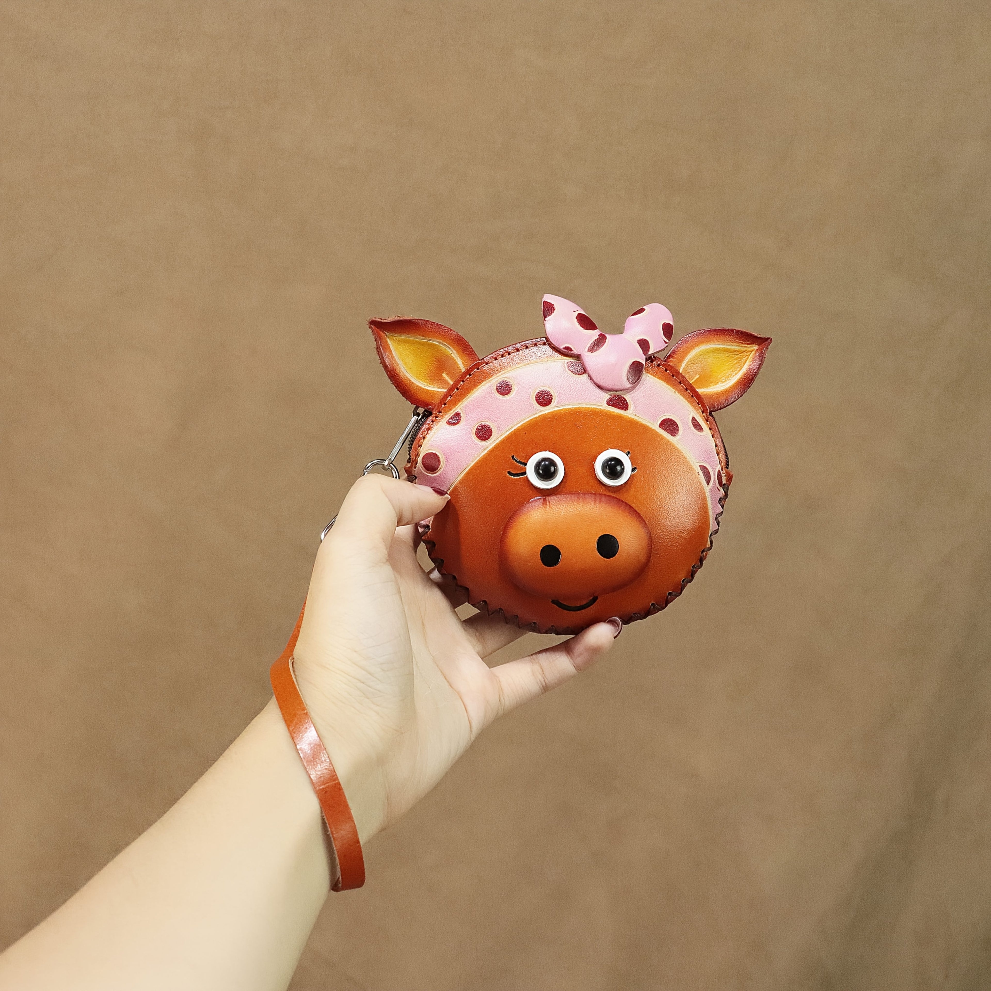 Handcrafted Retro Bowknot Headscarf Pig Purse - Genuine Leather Coin & Key Wallet with Zipper