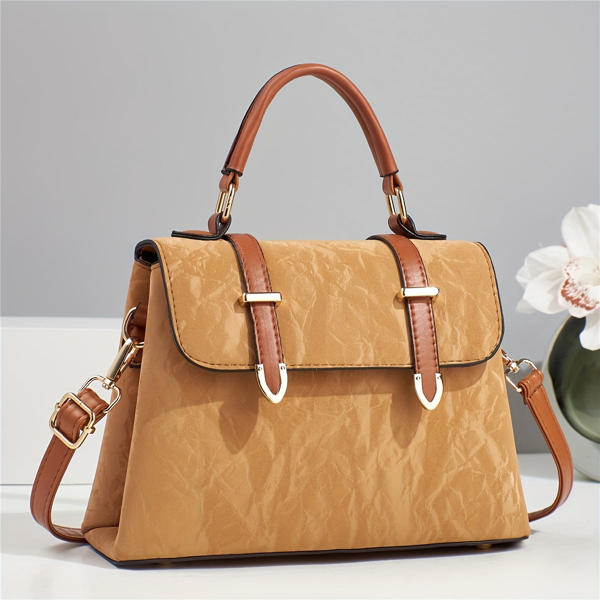 Elegant Women's Adjustable Handbag with Detachable Strap - Floral & Striped, Zipper Closure, Tassel Accents