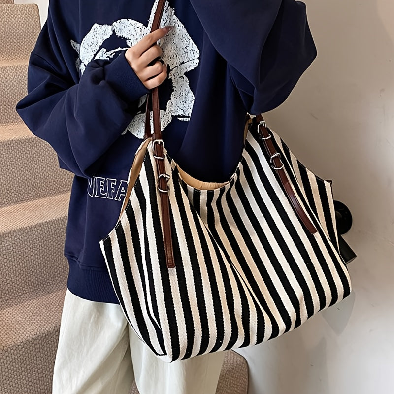 Chic Black & White Striped Canvas Tote Bag with Detachable Shoulder Strap - Large Capacity